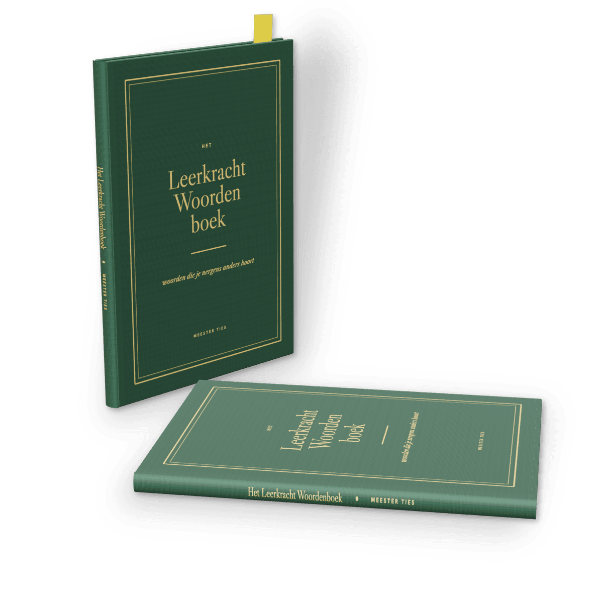 Het Leerkracht Woordenboek: twee groene hardcover boeken met gouden titel, één staand met een post-it als bladwijzer